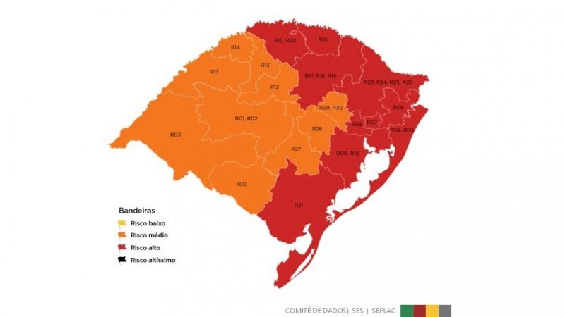 Mapa preliminar da 9ª rodada do Distanciamento Controlado tem metade das regiões em vermelho, incluindo Guaíba