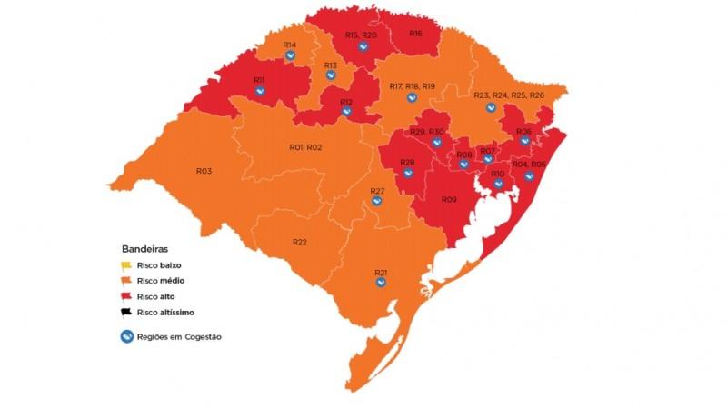 Mapa preliminar da 18ª semana do Distanciamento Controlado traz 12 regiões em vermelho, incluindo Guaíba