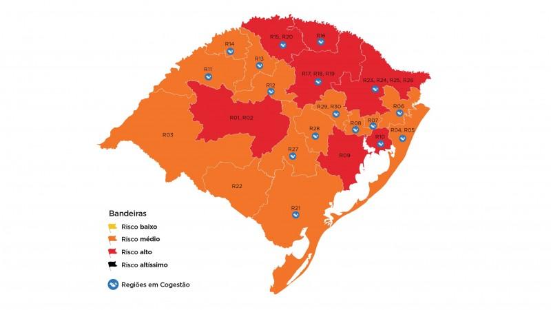Sete regiões estão em vermelho no mapa preliminar da 19ª rodada do Distanciamento Controlado