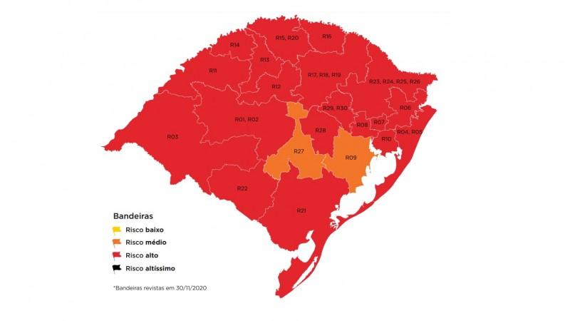Somente regiões Guaíba e Cachoeira do Sul ficam em laranja na 30ª rodada do DC; 19 regiões estão em vermelho