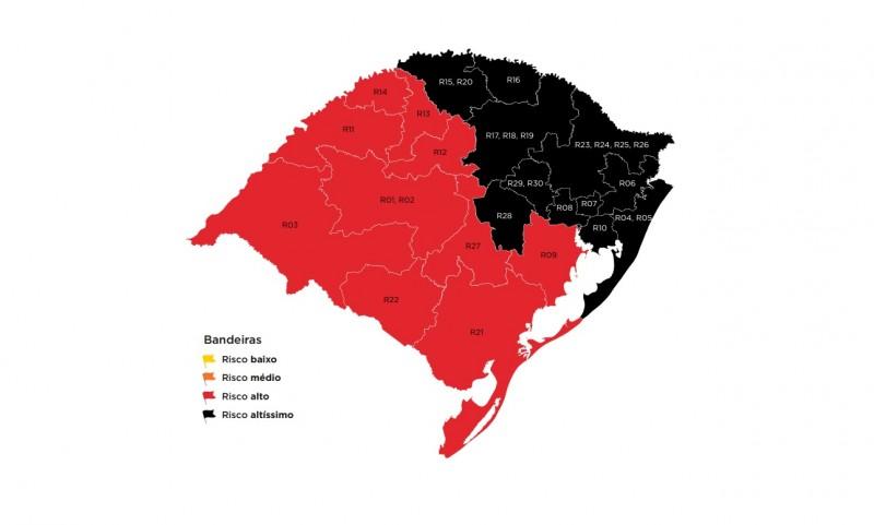 Mapa definitivo da 42ª rodada mantém 11 regiões com risco altíssimo para coronavírus; Guaíba segue em vermelho