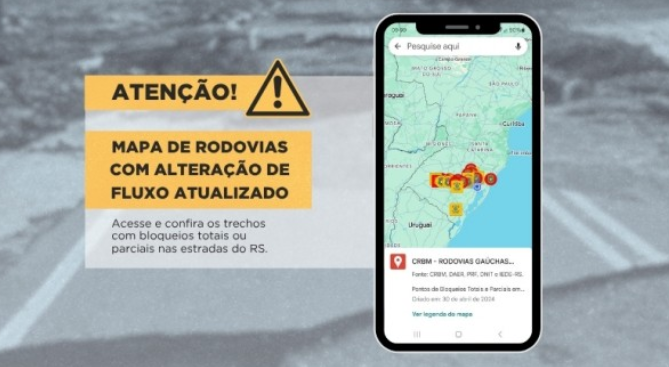 Mapa atualiza bloqueios em rodovias do RS