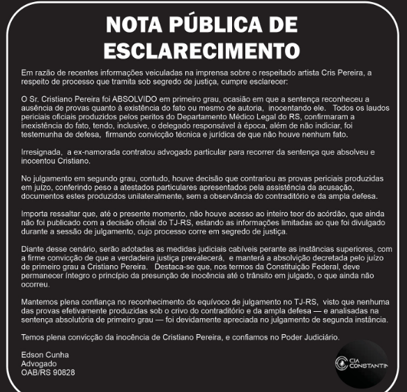 Cris Pereira divulga nota e reafirma inocência após decisão judicial