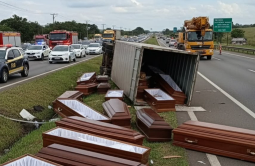 Caminhão carregado de caixões tomba em rodovia, e população surpreende ao não saquear a carga