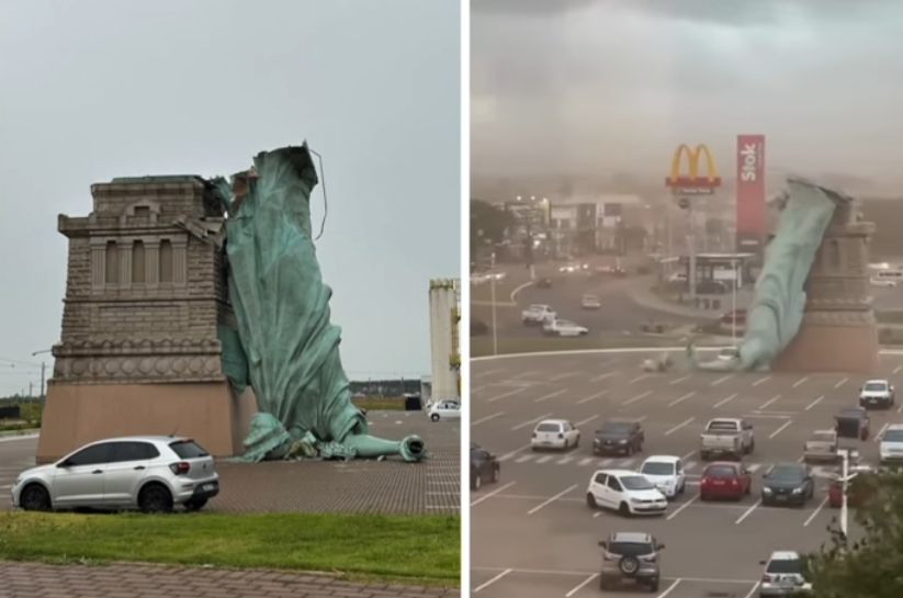 Ventos derrubam réplica da Estátua da Liberdade no estacionamento da Havan em Guaíba