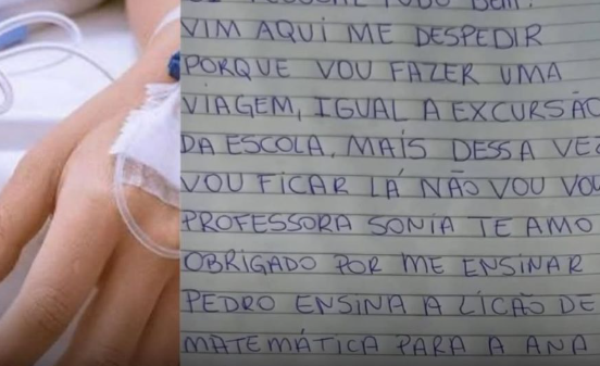 Menino de 11 anos emociona ao escrever carta de despedida para amigos da escola antes de falecer