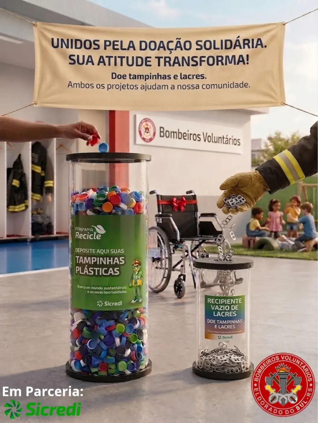 Bombeiros Voluntários de Eldorado do Sul recebem tampinhas e lacres em campanha de arrecadação para a APAE