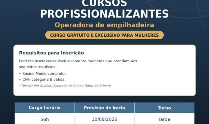 Curso gratuito para operadora de empilhadeira abre vagas para mulheres da região; Saiba como se inscrever