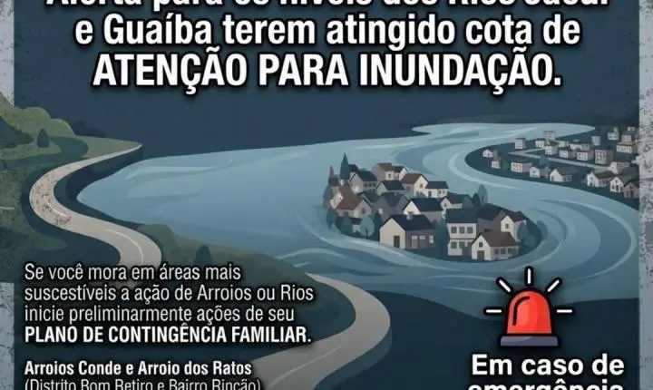 Defesa Civil orienta saída preventiva de moradores após Rio Jacuí superar cota de atenção em Eldorado do Sul