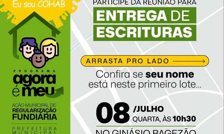 Primeira entrega de escrituras do Projeto Terra: Eu sou Cohab no loteamento Ruy Coelho ocorre na terça; Confira a lista