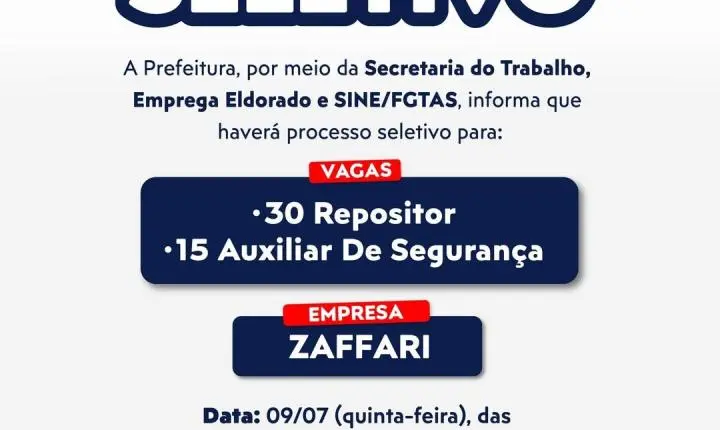 Processo seletivo em Eldorado do Sul oferece 45 vagas para repositor e auxiliar de segurança