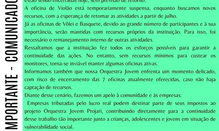 Projari encerra oficinas e aponta risco a sete atividades da Orquestra Jovem por falta de recursos